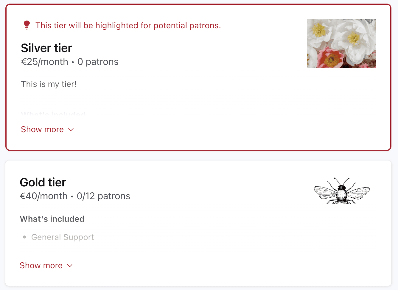 Screenshot of the Patreon tier setup page showing membership levels, pricing, and benefit descriptions