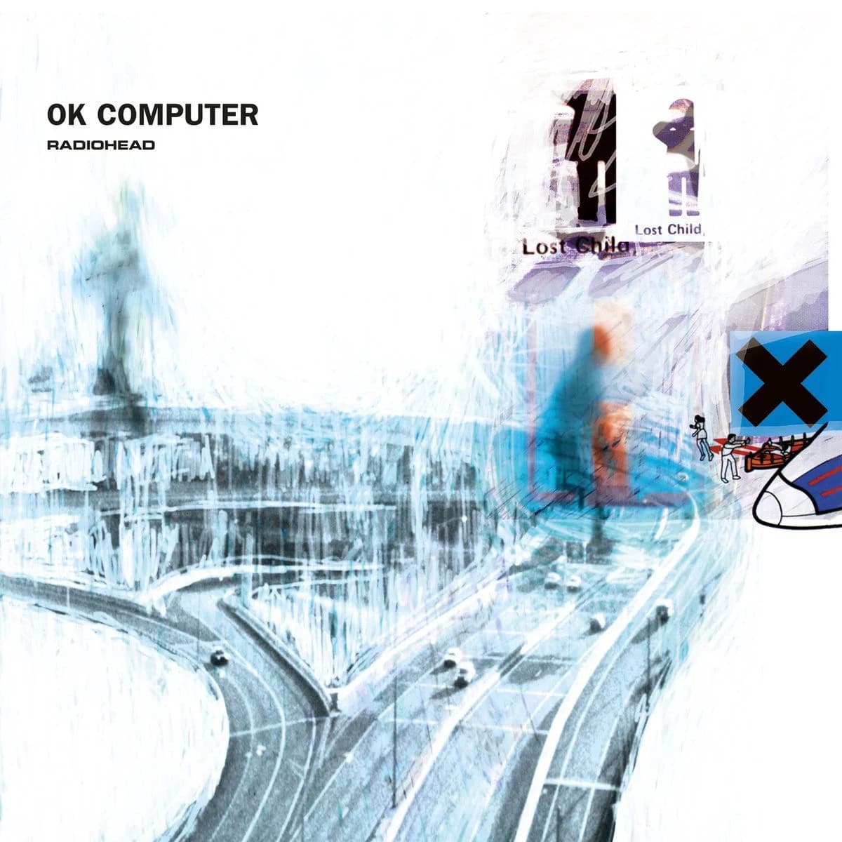 A highly edited image of a highway. In the top left corner is written "OK Computer", with text beneath reading "Radiohead"