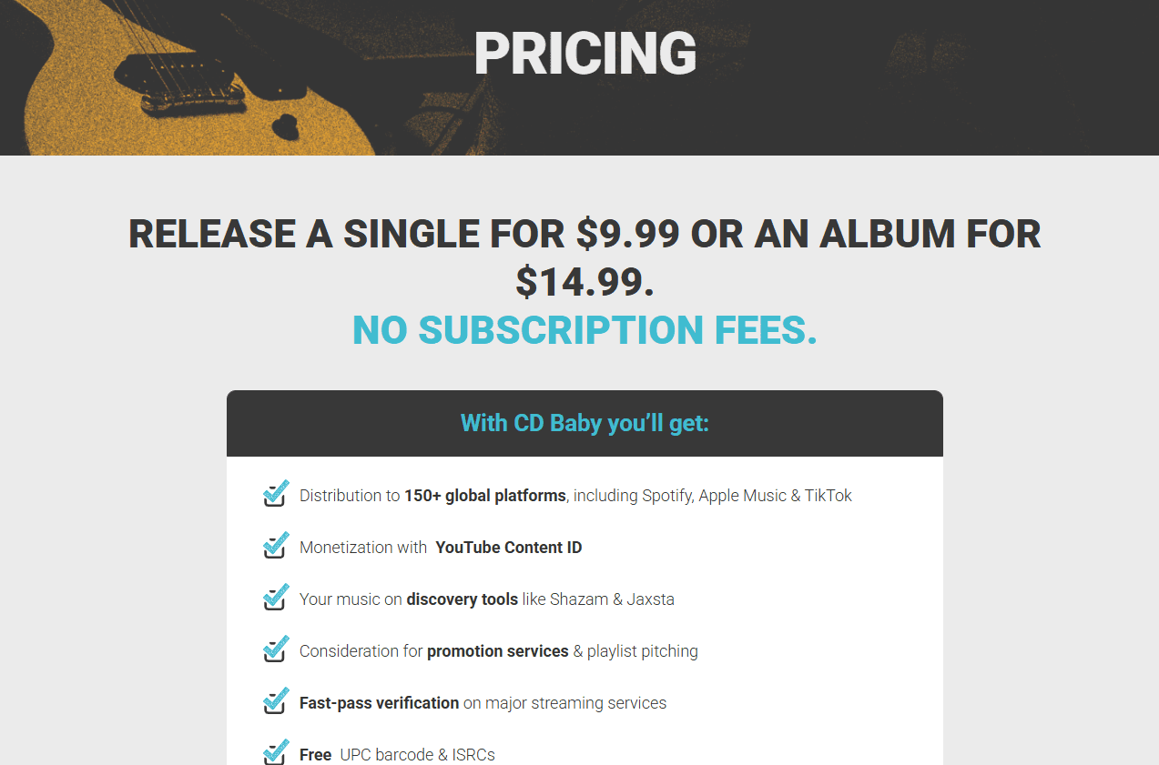 Screenshot of the CD Baby pricing page showing the one-time single and album distribution fees with the CDB Boost add-on
