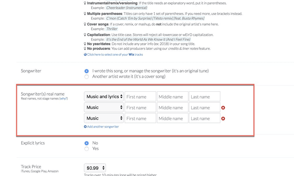 Screenshot of the DistroKid upload form showing store selection, release date, and audio file upload fields