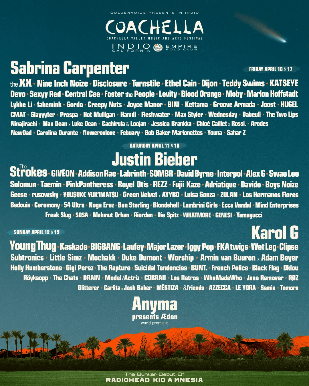 Coachella 2026 lineup poster showing headliners Sabrina Carpenter, Justin Bieber, Karol G, and Anyma across two weekends