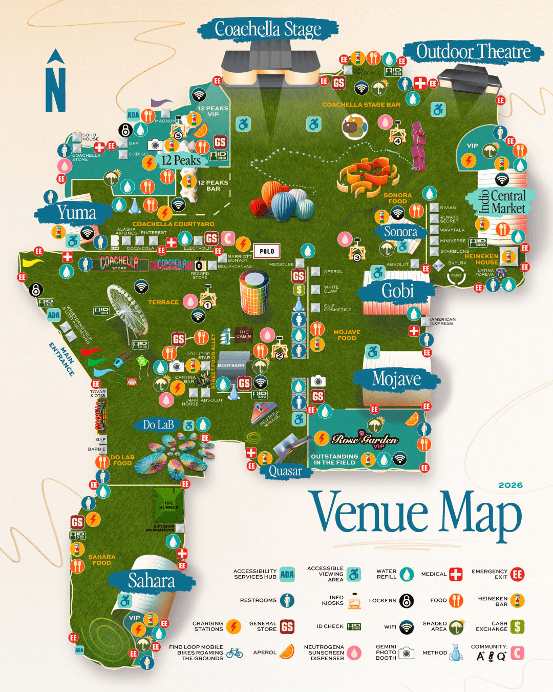 Map of the Coachella festival grounds showing the main stages, Do LaB, Quasar, camping, and art installations at the Empire Polo Club in Indio, California
