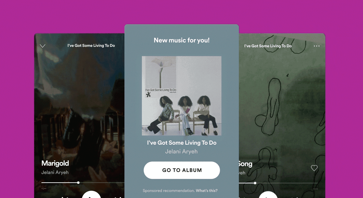 Screenshot of Marquee and Showcase placement on Spotify showing the full-screen Marquee pop-up and the home-feed Showcase banner