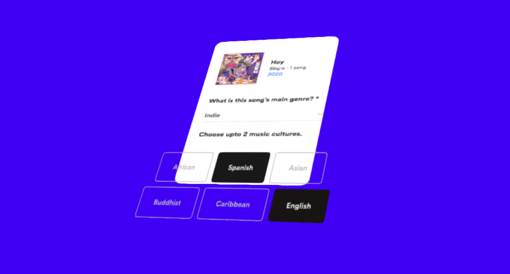 Screenshot of the Spotify for Artists pitch form showing the genre, mood, and description fields editors use to evaluate unreleased submissions