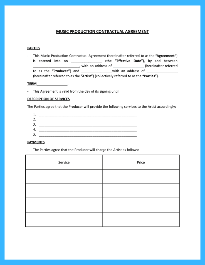 Example of a one-page producer agreement showing fee, points, royalty base, and credit fields