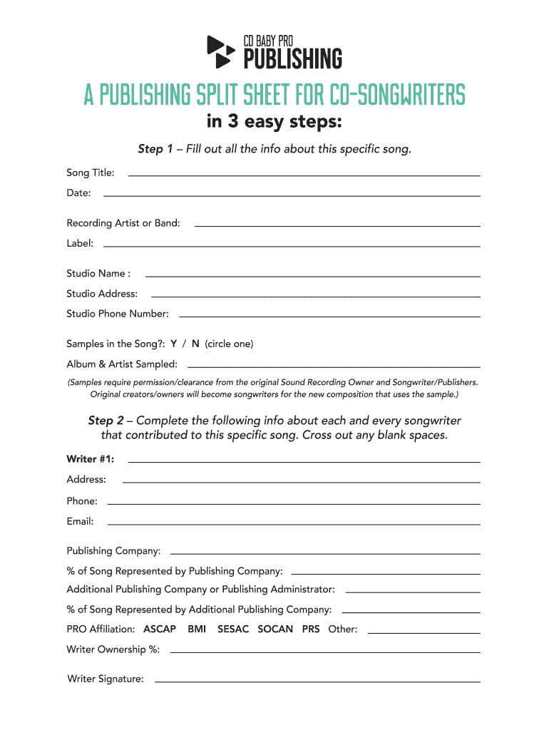 Example of a filled-out split sheet template showing song title, contributor names, percentages, and PRO affiliations